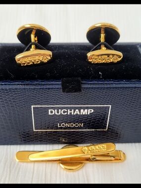 Vintage Gucci Interlocking G's Logo Gold Tie Bar and Cufflinks Set - 1980s